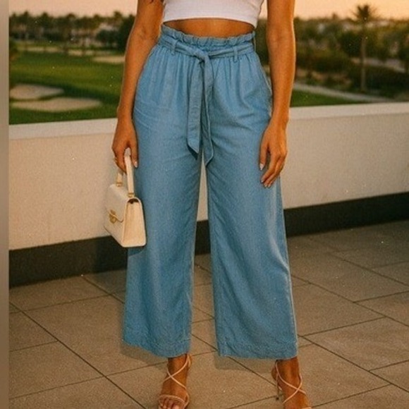 H&M Pants - NWT H&M Womens Wide Leg Pants Size 4 Chambray Blue High Waist Girlfriend Fit